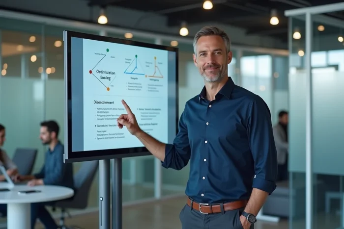 Professionnel présentant une stratégie de référencement naturel et d'optimisation de site web sur un tableau blanc numérique