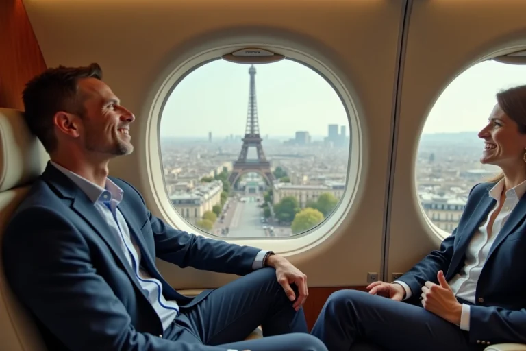 Groupe de professionnels en entreprise découvrant Paris depuis la cabine d'un avion léger lors d'un survol événementiel