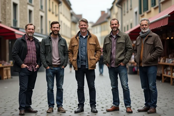 Groupe d'hommes adultes de tailles variées sur une place de marché d'une ville de province française, représentant la diversité régionale des tailles masculines