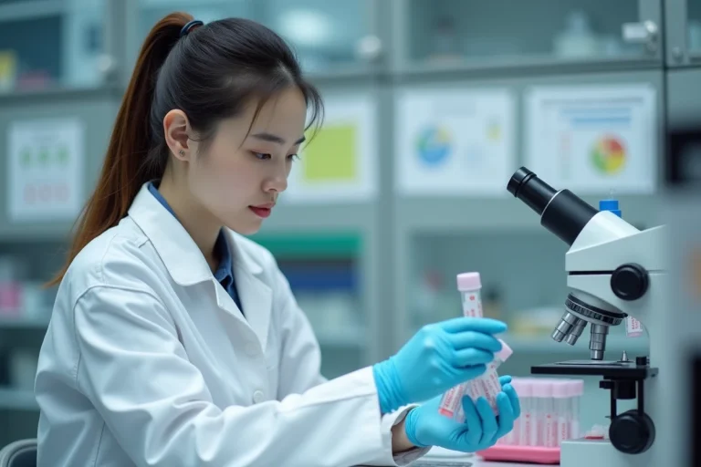 Technicienne en laboratoire examinant des tubes à essai