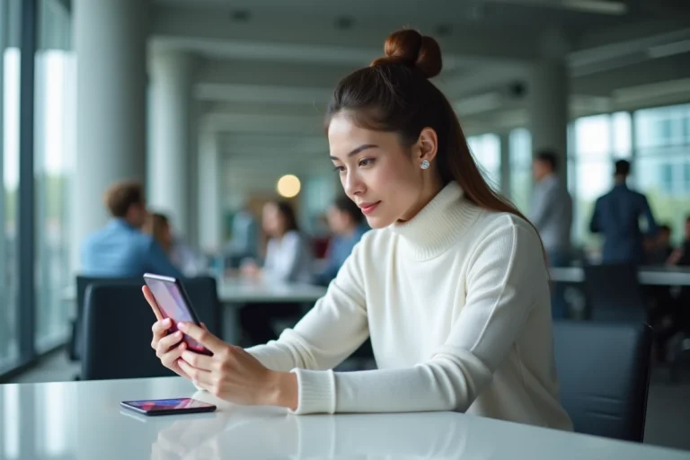 Femme utilisant un smartphone pliable dans un bureau tech moderne en 2024