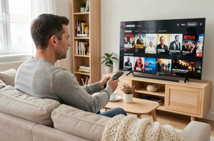 Homme utilisant la télécommande Samsung pour naviguer sur Netflix dans un salon moderne