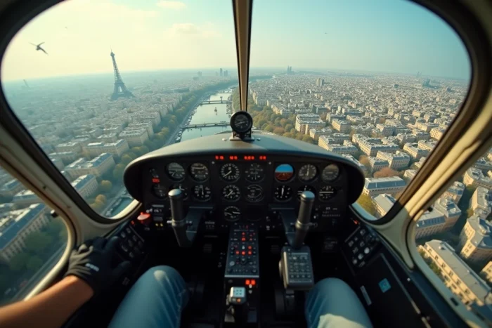 Vue aérienne de Paris depuis le cockpit d'un avion léger lors d'un survol événementiel d'entreprise avec la Seine et la Tour Eiffel visibles