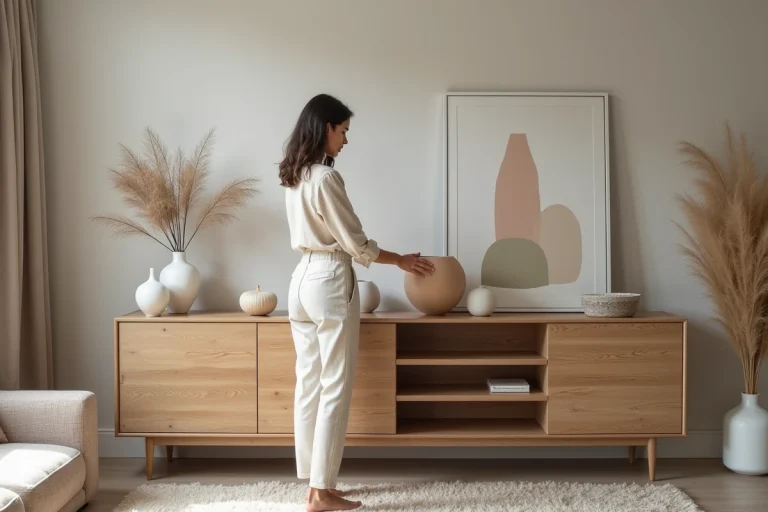 Femme stylée arrangeant objets déco dans un salon scandinave